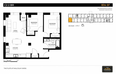Floor plan for 2 beds, 1 bath, 834 sqft